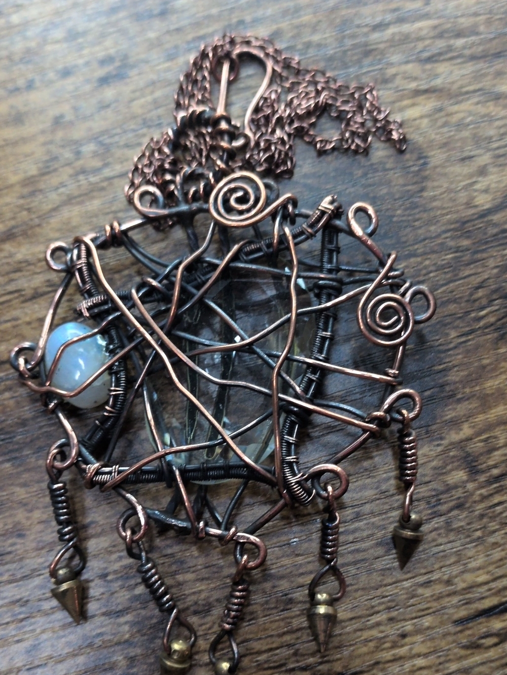 Copper Wire Wrapped Clear Quartz Pendant Necklace with Moonstone Accent